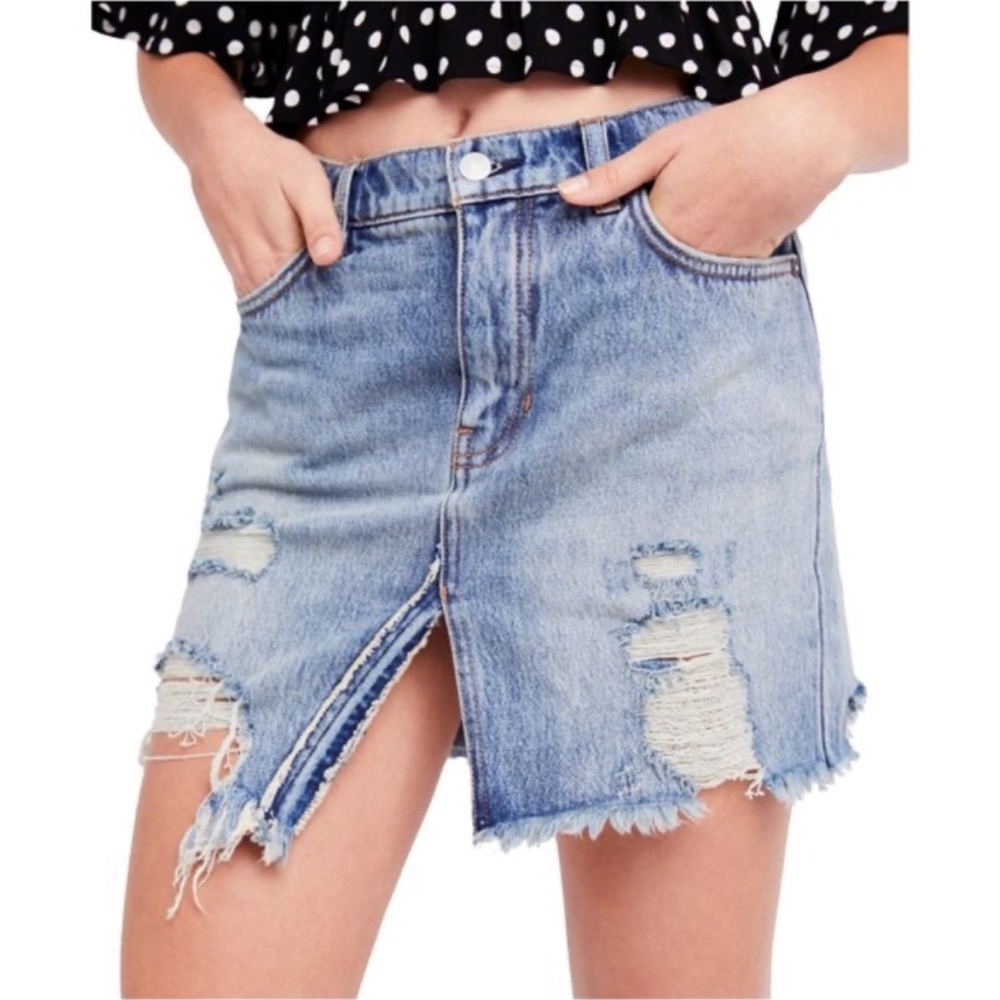 Free People Distressed Denim Mini Skirt